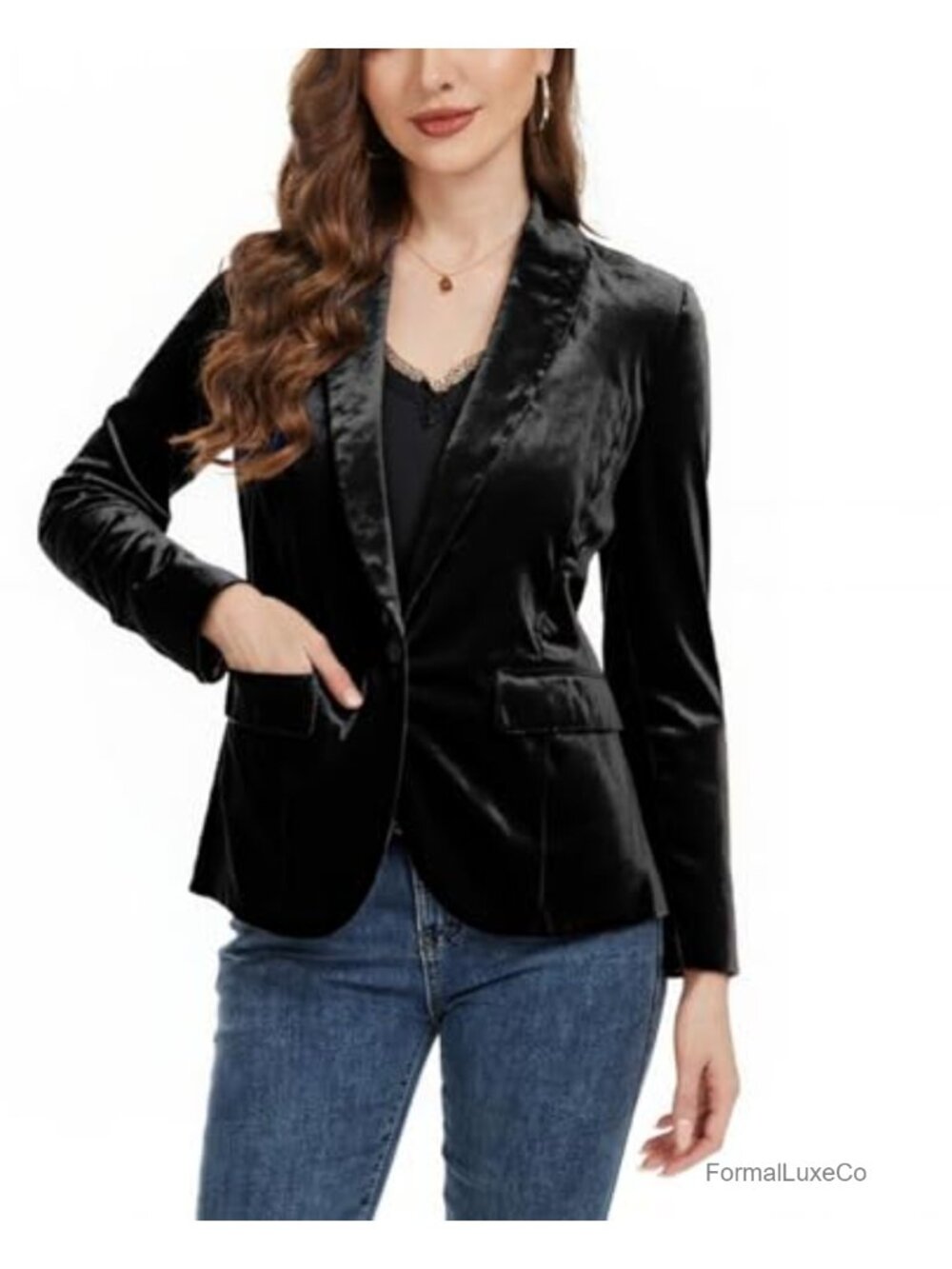 Women's Velvet Suit Blazer Jacket Long Sleeve 1 Button Shawl Lapel Dressy Casual